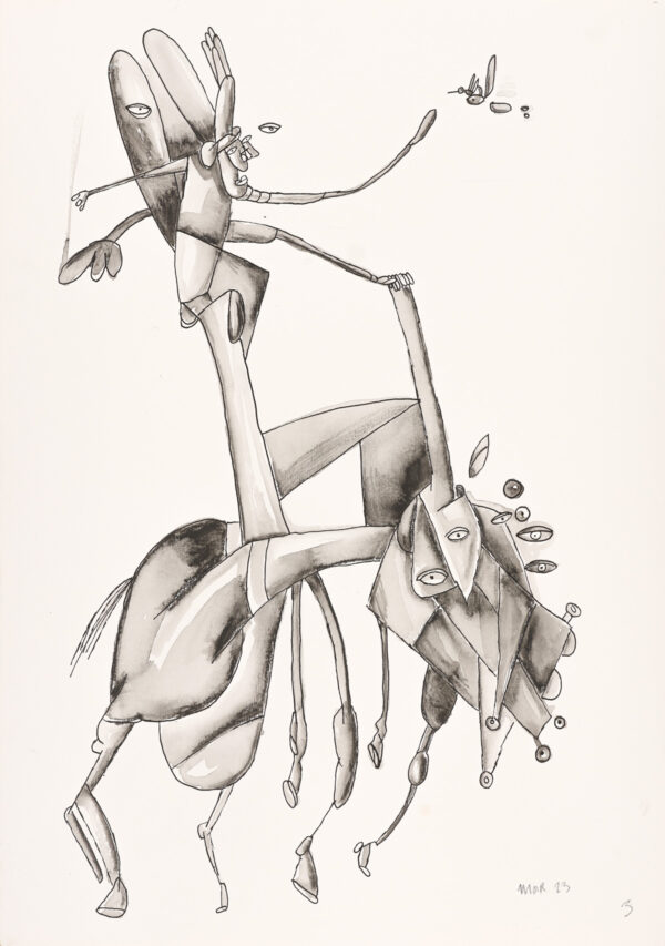 Tall Hatted Cowboy with Long Chin Touching Hummingbird and Dissolving into Amoeba - Phase 3